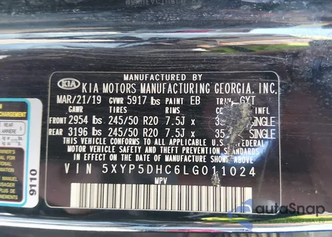 2020 Kia Telluride Sx z USA, uszkodzony, nr VIN 5XYP5DHC6LG011024